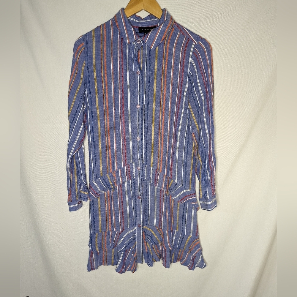 New Look Blue and Colorful Striped Button‎ Down Long Sleeve Shirt Dress Size 2